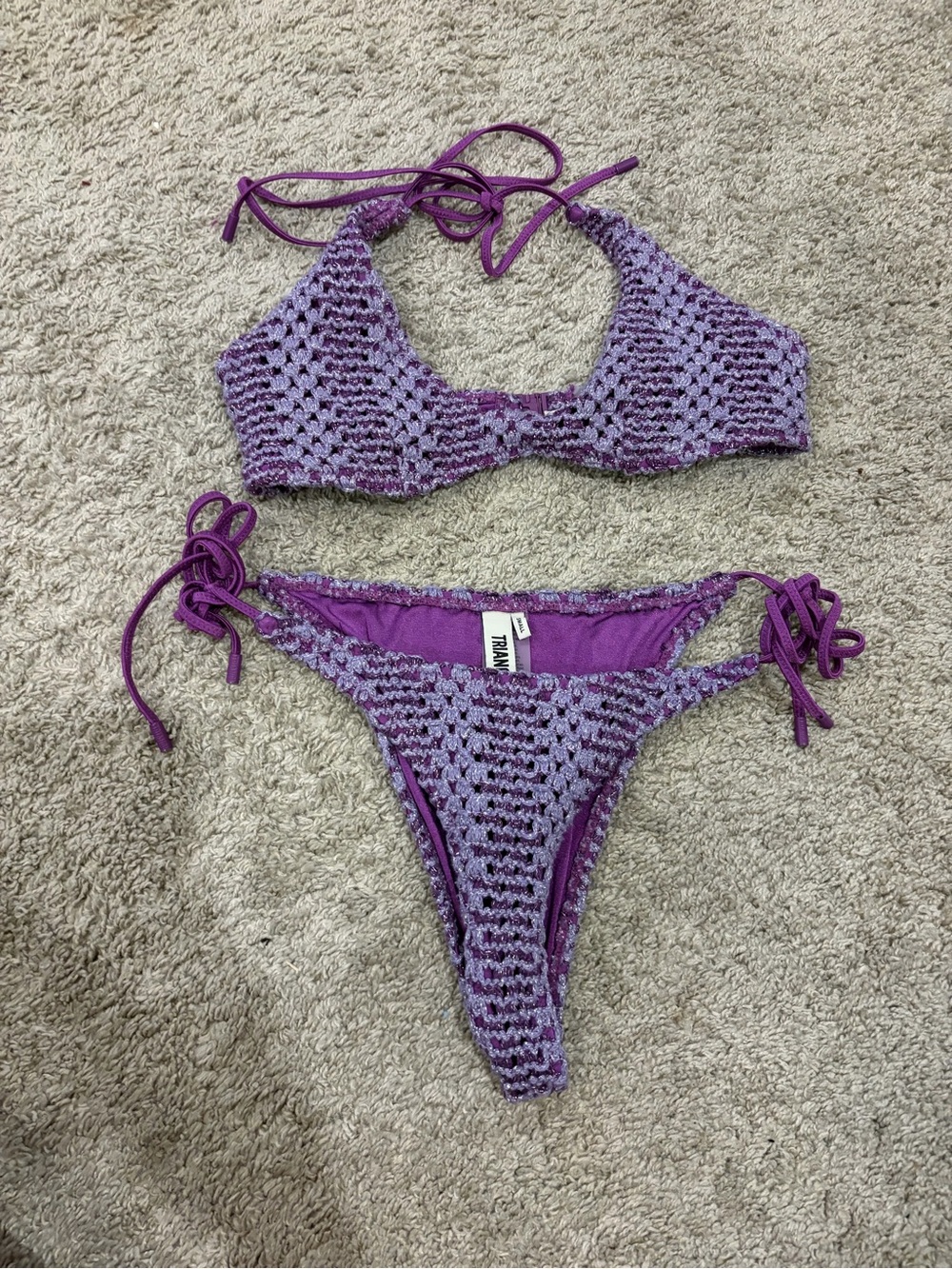 Triangl Women's Cora Monty Purple Crochet Top Size S++ and Bottom Size small